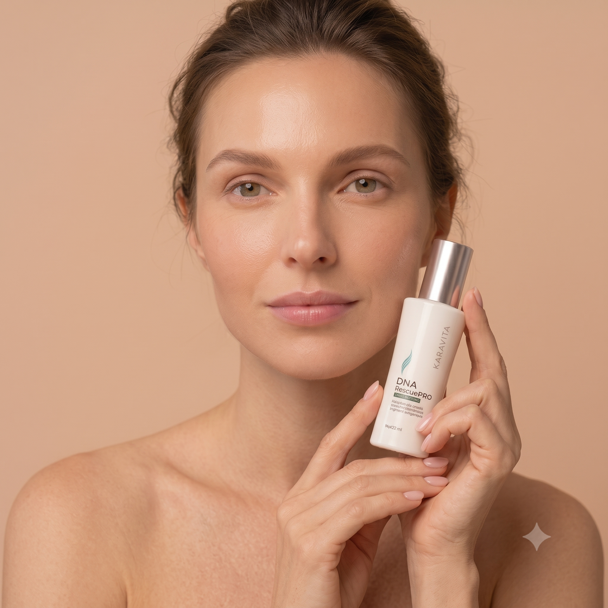 Model holds DNA Rescue Pro Serum. Anti-aging serum protects her healthy skin.